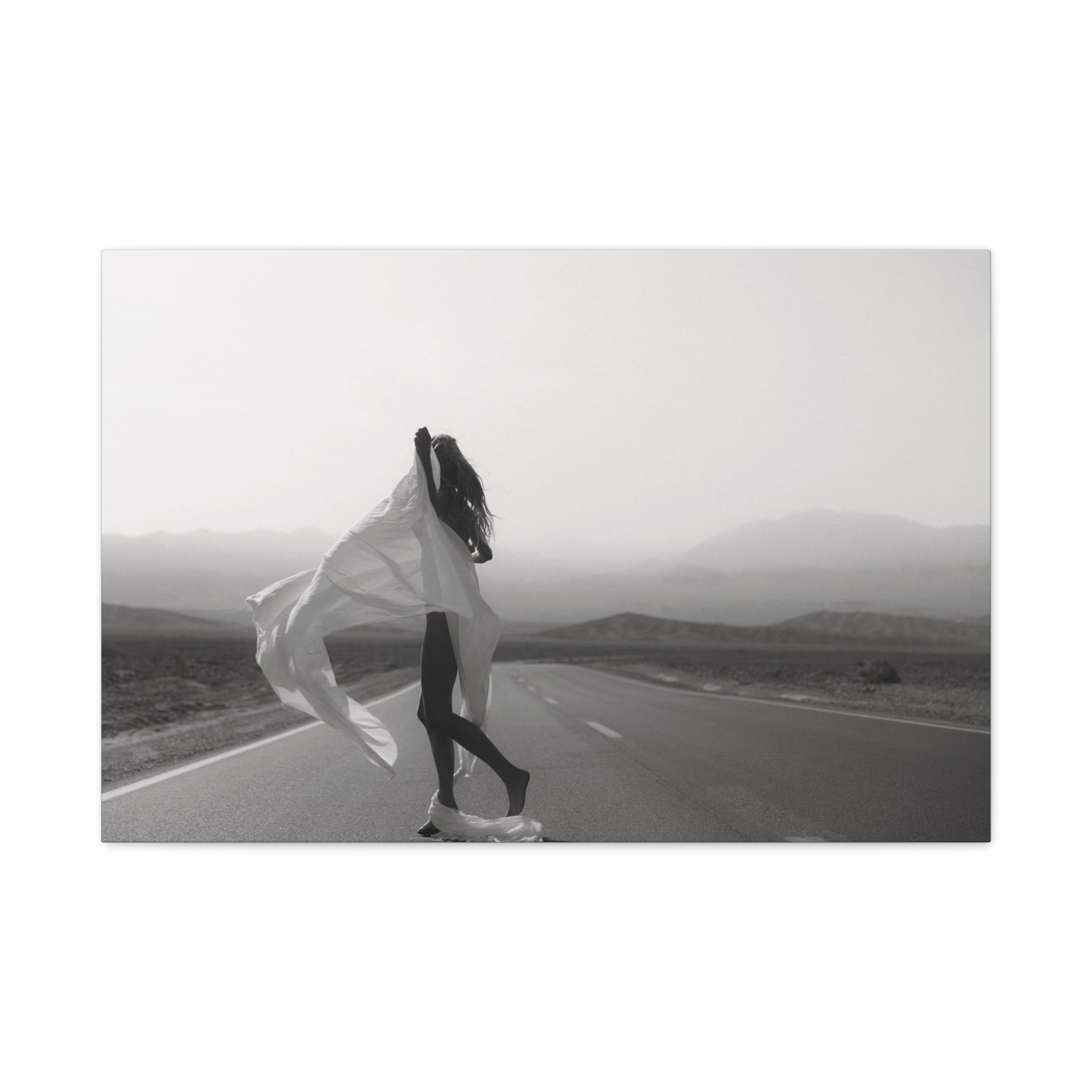 Open Road Reverie, Death Valley – Black & White Canvas Print Wall Décor – Women in Landscape Wall Art