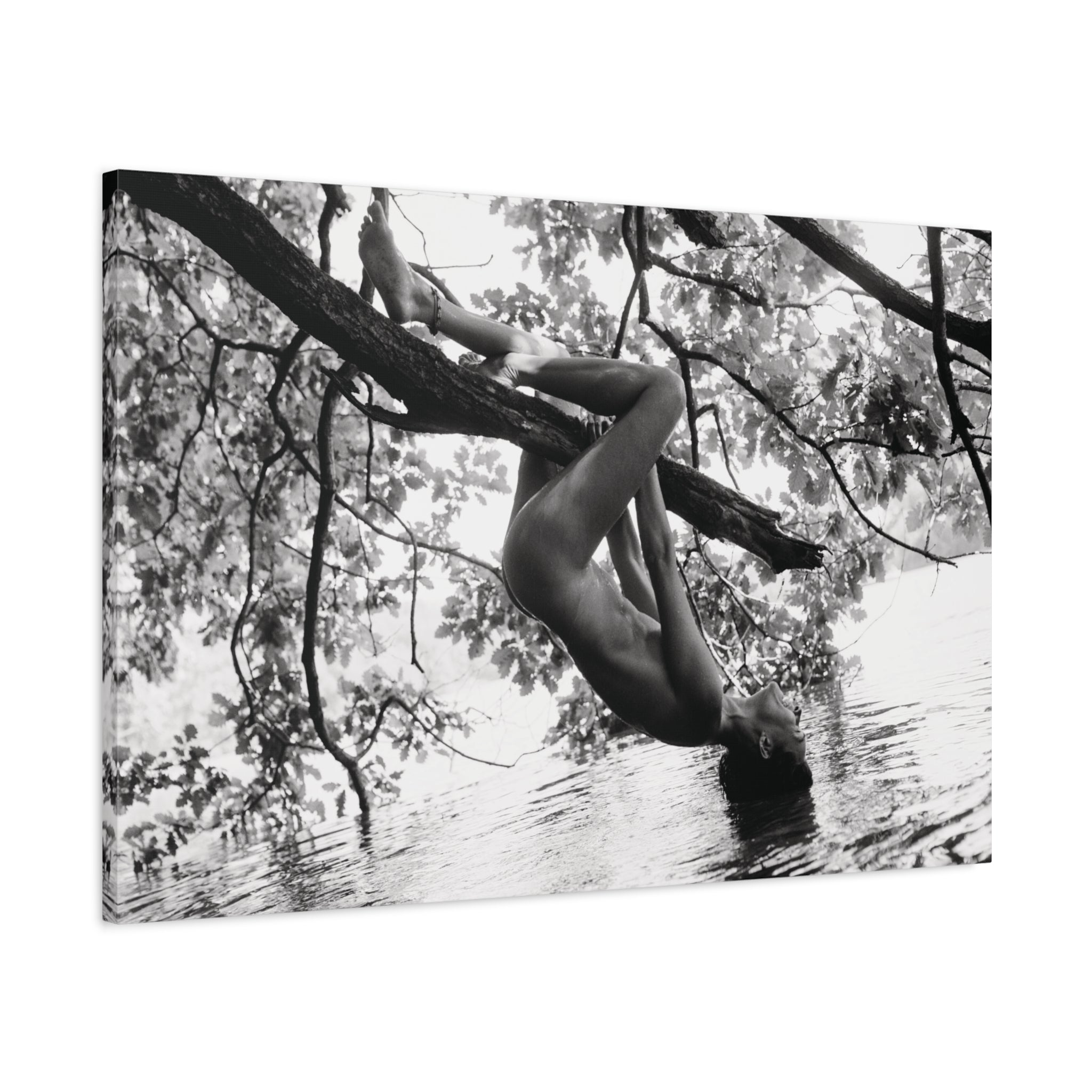 Black & White Nude Lake Photography Canvas Print – Woman in Nature Wall Art