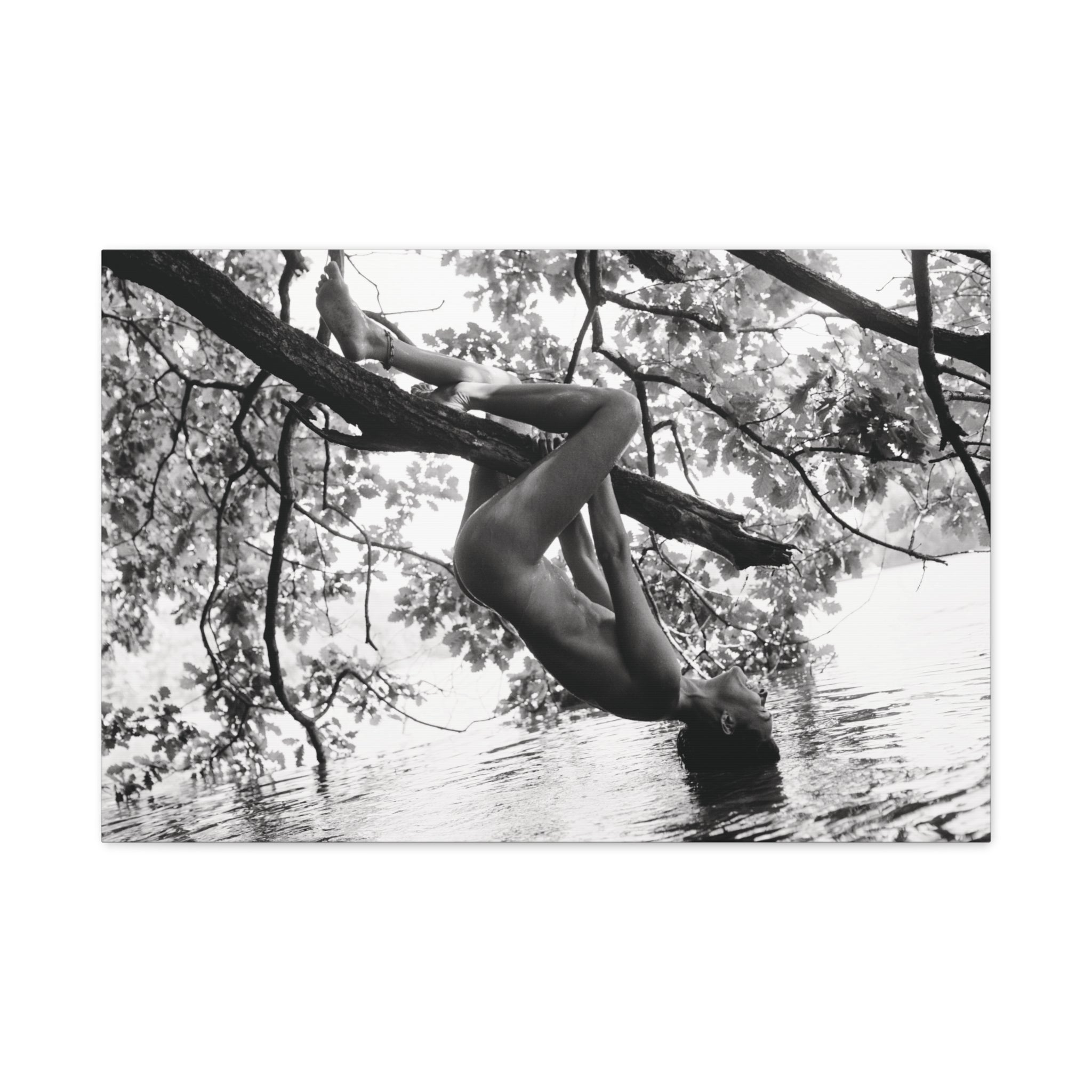 Black & White Nude Lake Photography Canvas Print – Woman in Nature Wall Art